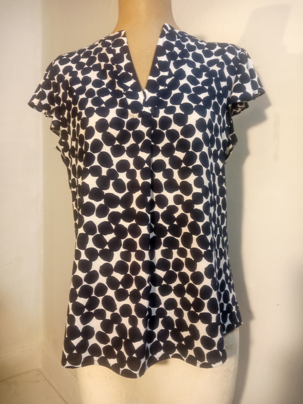 Calvin Klein Black and White Dot-Print V-Neck Blouse